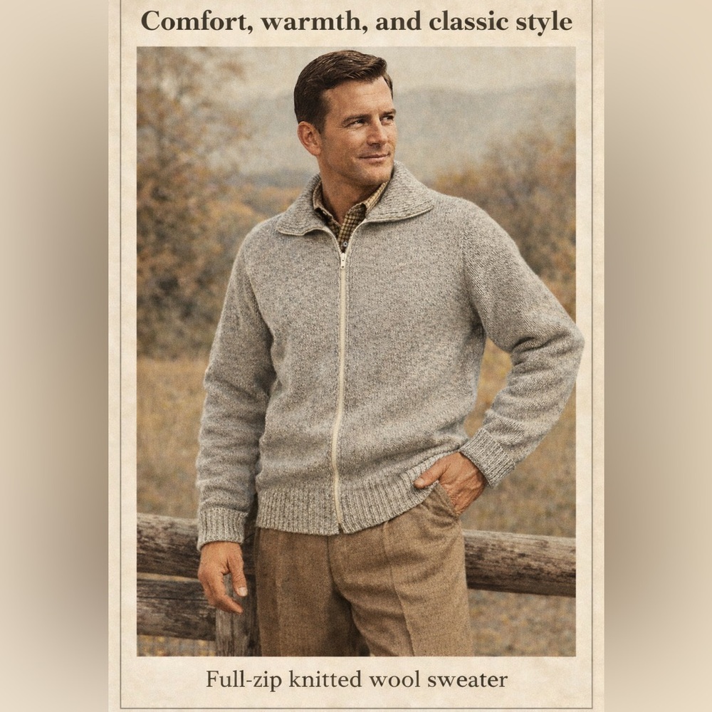 VTG 50s 60s Sears Fieldmaster Men's Beige Full-Zip Wool Sweater, Size L